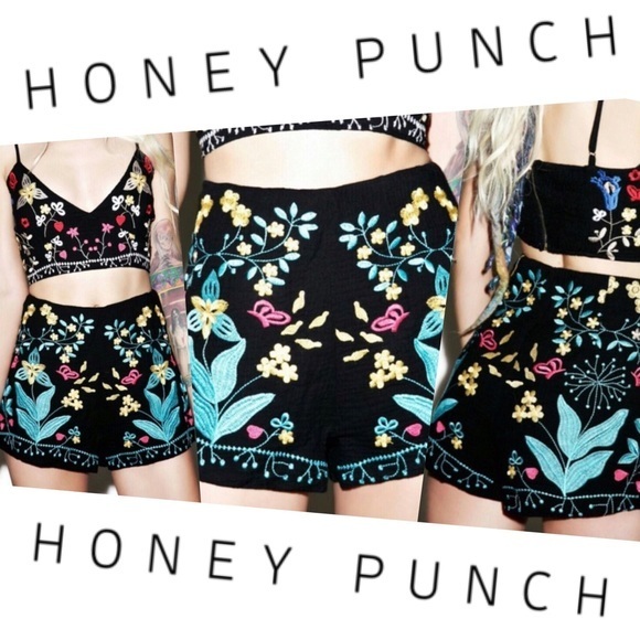 Honey Punch Shorts Honey Punch High Waisted Floral Embroidery